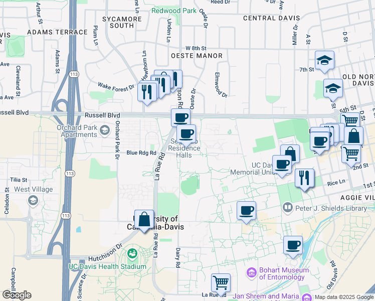 map of restaurants, bars, coffee shops, grocery stores, and more near 663 Sprocket Bikeway in Davis