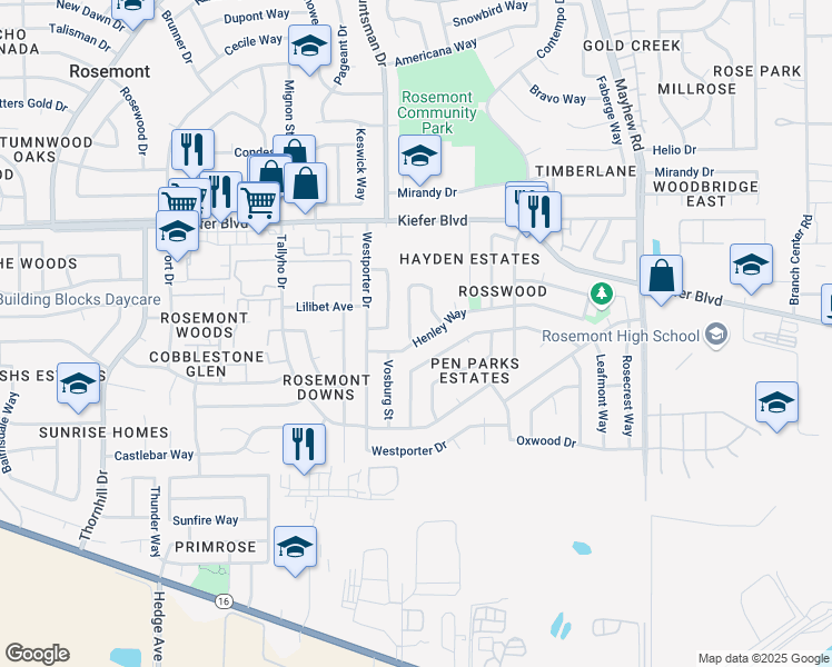 map of restaurants, bars, coffee shops, grocery stores, and more near 9237 Henley Way in Sacramento