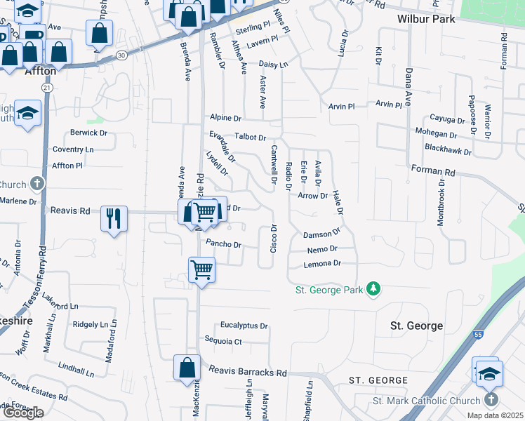 map of restaurants, bars, coffee shops, grocery stores, and more near 9400 Upland Drive in Affton
