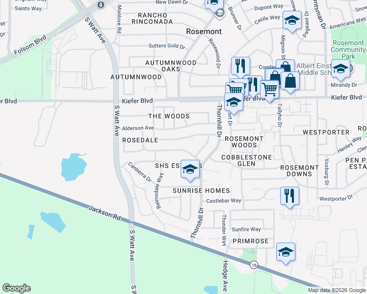 map of restaurants, bars, coffee shops, grocery stores, and more near 3963 Wildrose Way in Sacramento