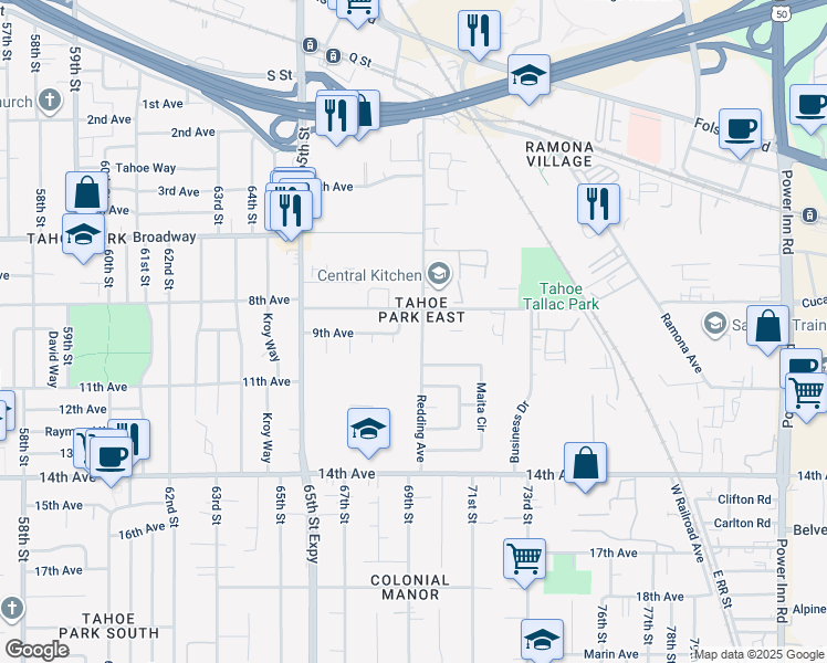 map of restaurants, bars, coffee shops, grocery stores, and more near 3340 Redding Avenue in Sacramento