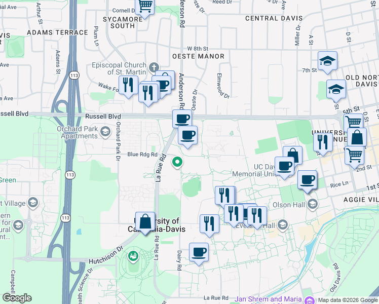 map of restaurants, bars, coffee shops, grocery stores, and more near 663 Sprocket Bikeway in Davis