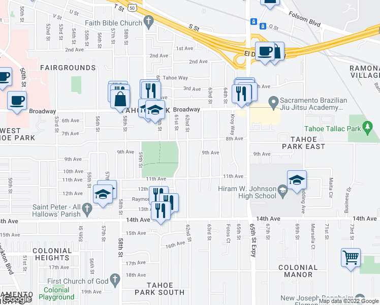 map of restaurants, bars, coffee shops, grocery stores, and more near 3357 62nd Street in Sacramento