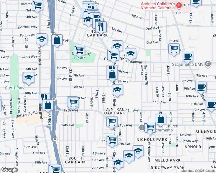 map of restaurants, bars, coffee shops, grocery stores, and more near 9th Ave & 38th St in Sacramento