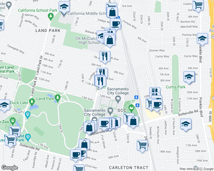 map of restaurants, bars, coffee shops, grocery stores, and more near 22nd St & 10th Ave in Sacramento