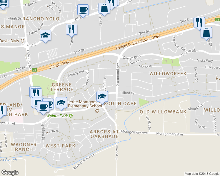 map of restaurants, bars, coffee shops, grocery stores, and more near 3018 Concord Place in Davis