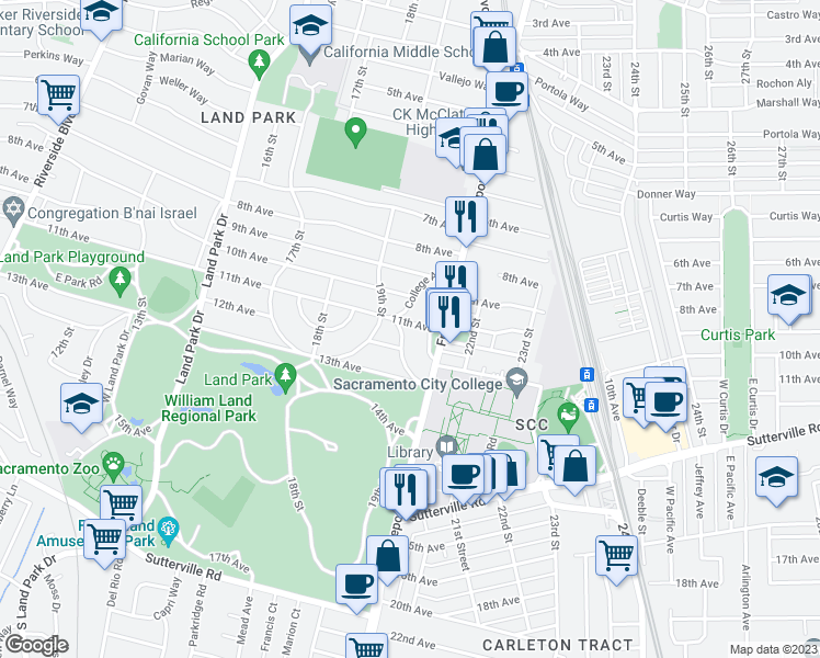 map of restaurants, bars, coffee shops, grocery stores, and more near 3601 College Avenue in Sacramento