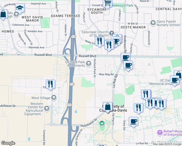 map of restaurants, bars, coffee shops, grocery stores, and more near 5000 Orchard Road in Davis