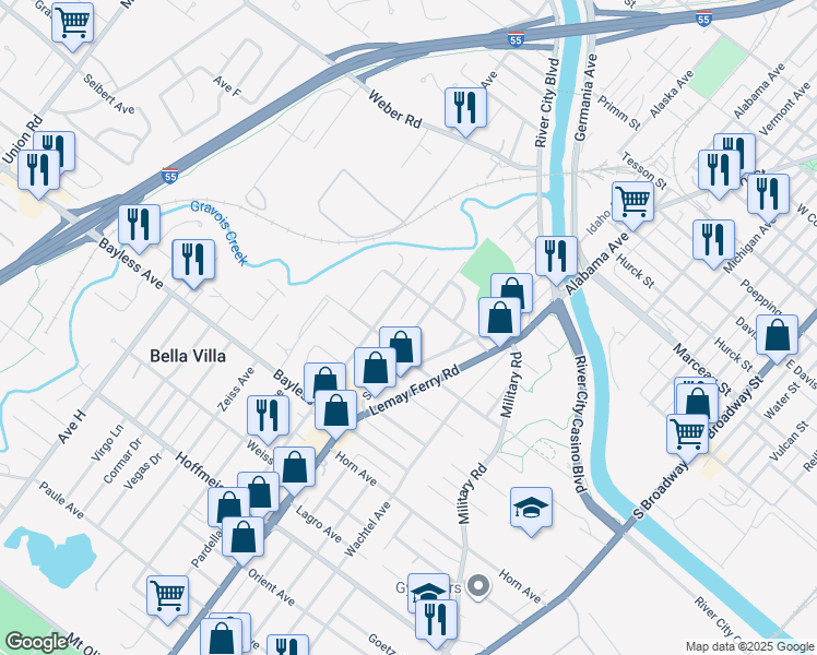map of restaurants, bars, coffee shops, grocery stores, and more near 8721 South Grand Avenue in St. Louis