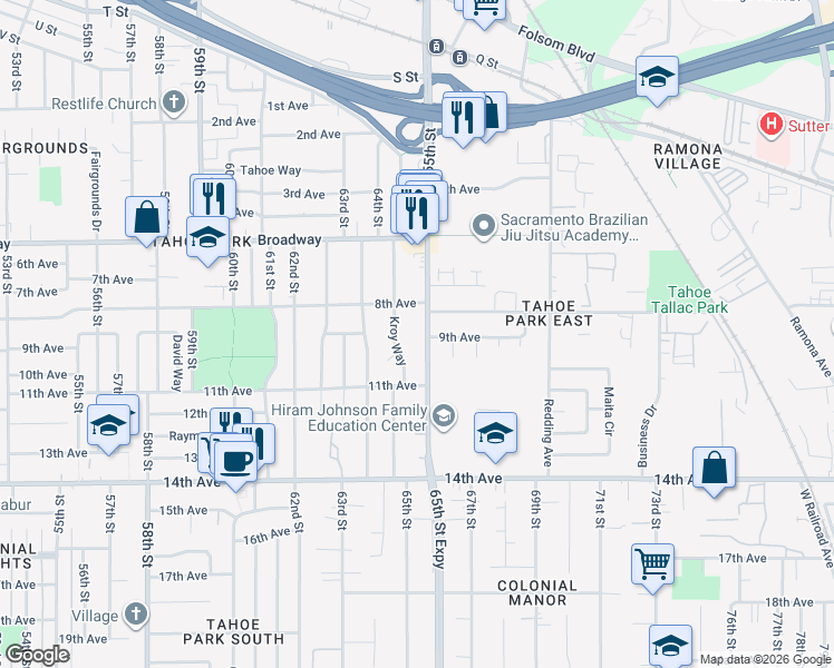 map of restaurants, bars, coffee shops, grocery stores, and more near 3372 65th Street in Sacramento