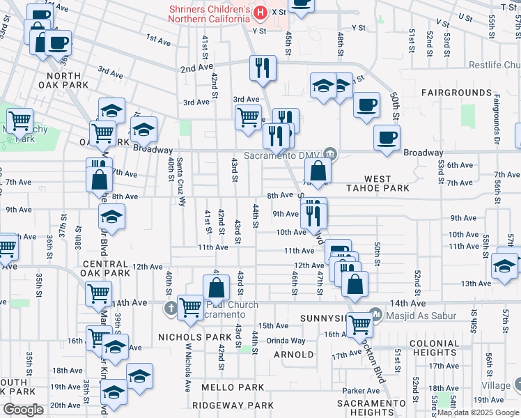 map of restaurants, bars, coffee shops, grocery stores, and more near 3333 44th Street in Sacramento