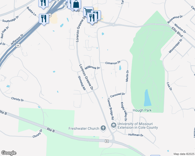 map of restaurants, bars, coffee shops, grocery stores, and more near 2209 Weathered Rock Road in Jefferson City