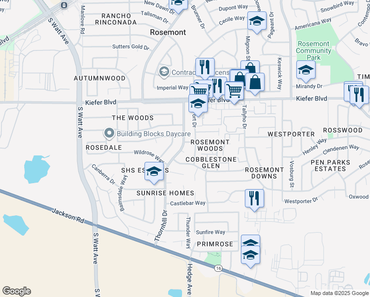 map of restaurants, bars, coffee shops, grocery stores, and more near 3905 Thornhill Drive in Sacramento