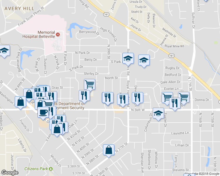 map of restaurants, bars, coffee shops, grocery stores, and more near 647 North 39th Street in Belleville