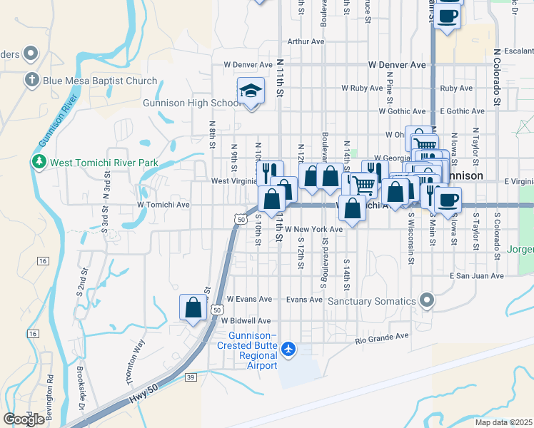 map of restaurants, bars, coffee shops, grocery stores, and more near 109 South 11th Street in Gunnison
