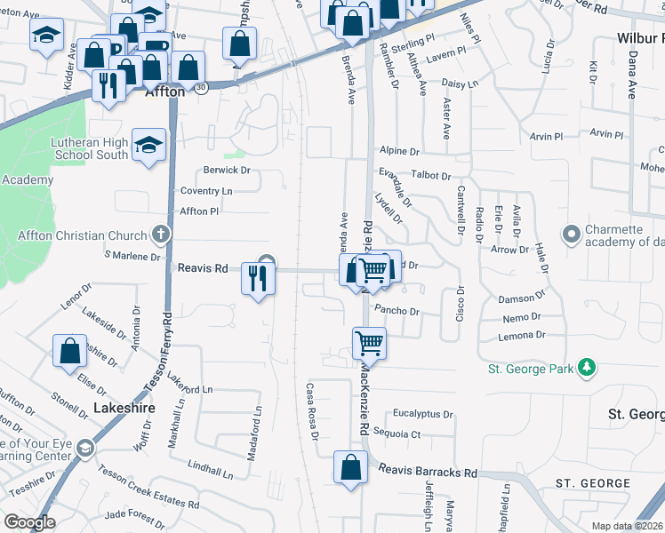 map of restaurants, bars, coffee shops, grocery stores, and more near 9707 Reavis Road in Affton