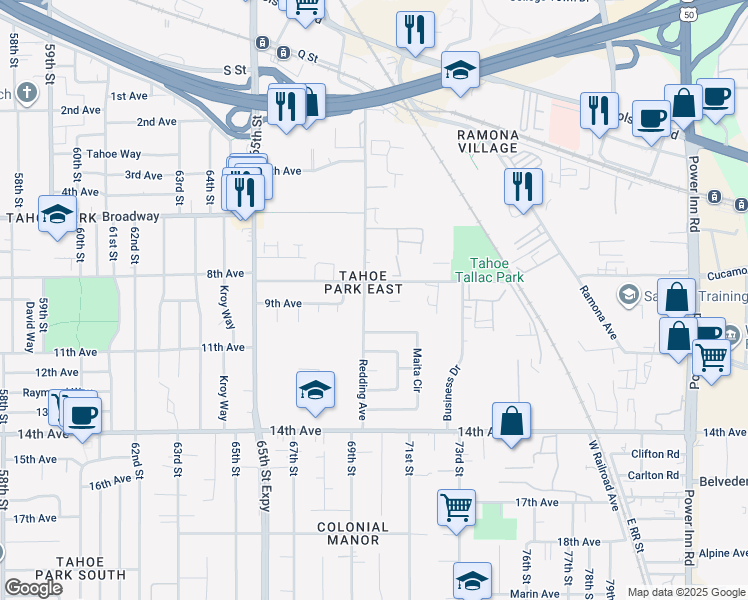 map of restaurants, bars, coffee shops, grocery stores, and more near 3301 Redding Avenue in Sacramento