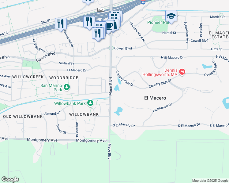 map of restaurants, bars, coffee shops, grocery stores, and more near 27189 Mace Boulevard in El Macero