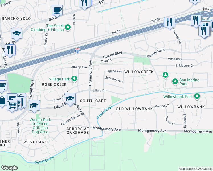 map of restaurants, bars, coffee shops, grocery stores, and more near 1009 Los Robles Street in Davis