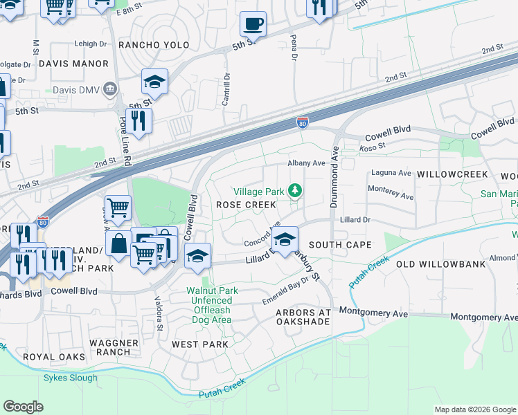 map of restaurants, bars, coffee shops, grocery stores, and more near 860 Donovan Court in Davis