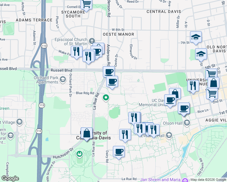 map of restaurants, bars, coffee shops, grocery stores, and more near 663 Sprocket Bikeway in Davis