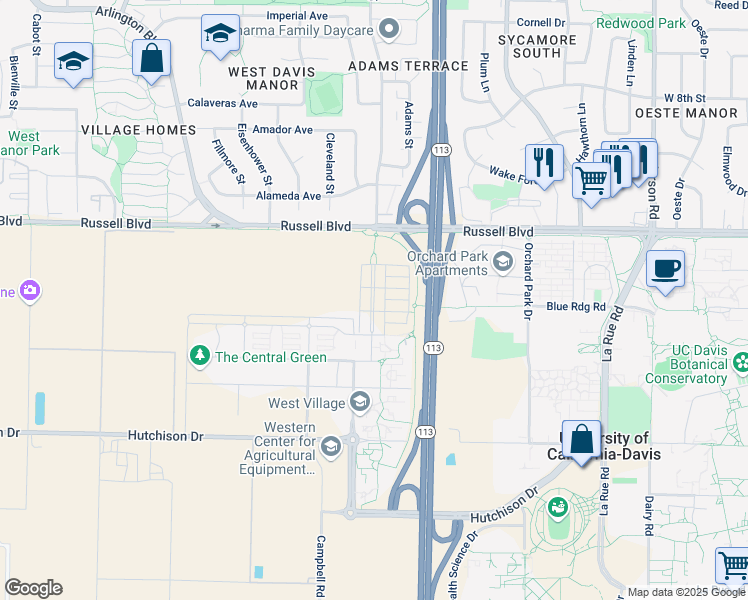 map of restaurants, bars, coffee shops, grocery stores, and more near Zelkova Street in Davis