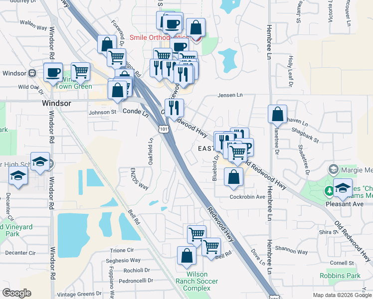 map of restaurants, bars, coffee shops, grocery stores, and more near 162 Courtyards East in Windsor