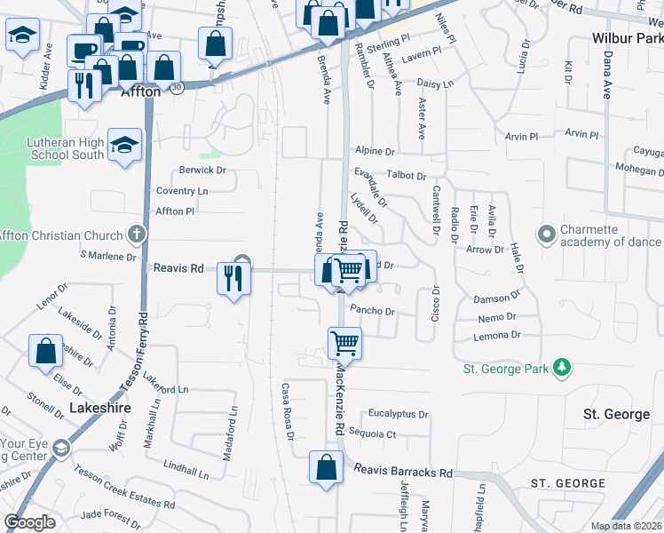 map of restaurants, bars, coffee shops, grocery stores, and more near 9607 Reavis Road in Affton