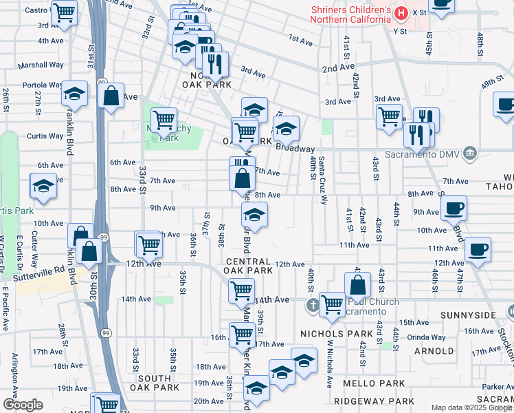 map of restaurants, bars, coffee shops, grocery stores, and more near 3887 9th Avenue in Sacramento