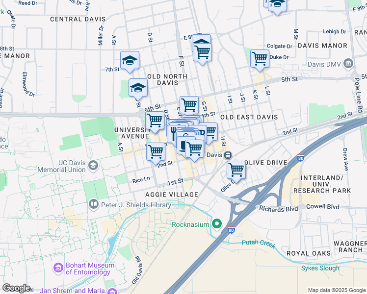 map of restaurants, bars, coffee shops, grocery stores, and more near 227 E Street in Davis