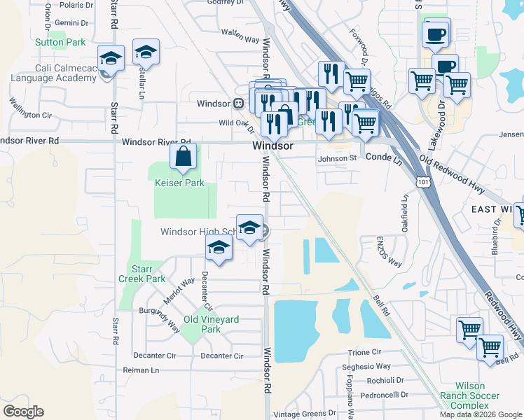 map of restaurants, bars, coffee shops, grocery stores, and more near 8721 Windsor Road in Windsor