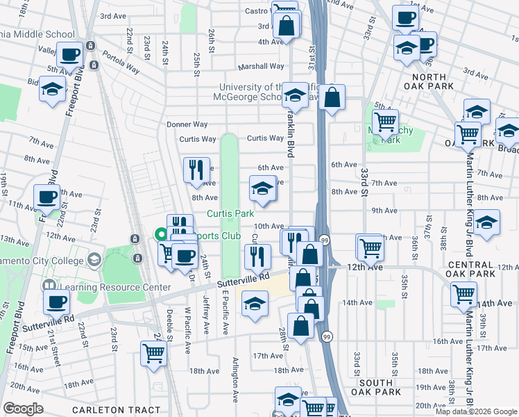 map of restaurants, bars, coffee shops, grocery stores, and more near 3349 Cutter Way in Sacramento