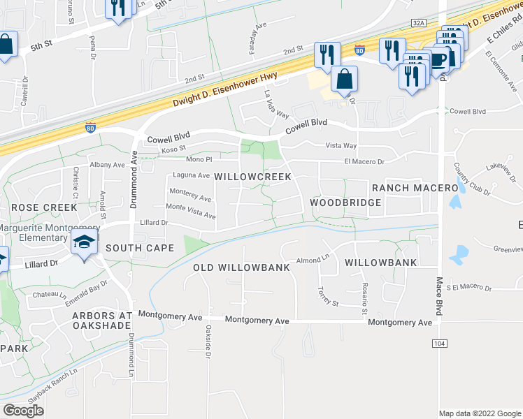 map of restaurants, bars, coffee shops, grocery stores, and more near 3740 Modoc Place in Davis