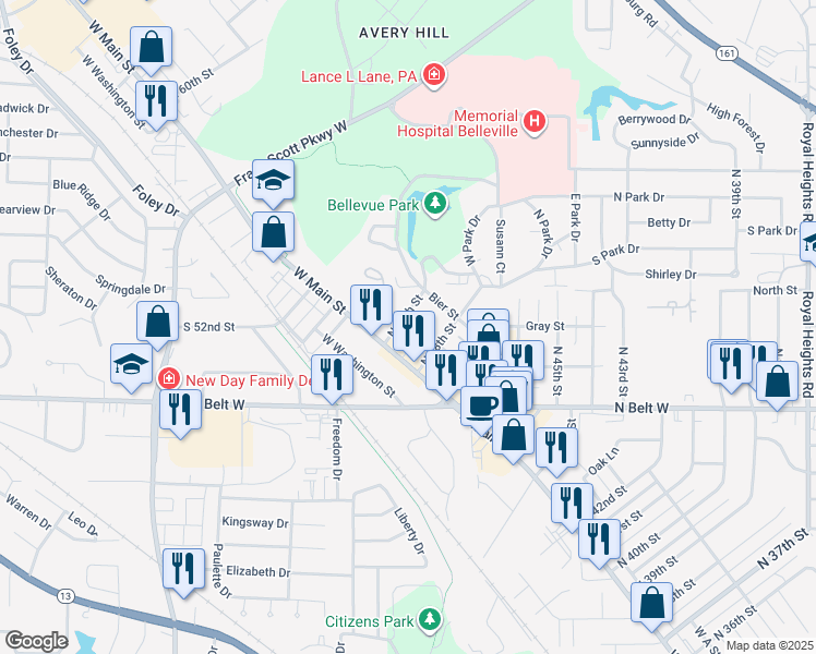 map of restaurants, bars, coffee shops, grocery stores, and more near 4824 Walter Street in Belleville