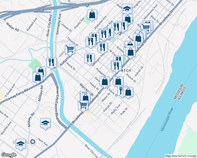 map of restaurants, bars, coffee shops, grocery stores, and more near 215 East Davis Street in St. Louis
