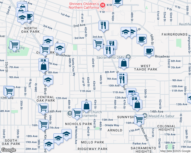map of restaurants, bars, coffee shops, grocery stores, and more near 3333 43rd Street in Sacramento
