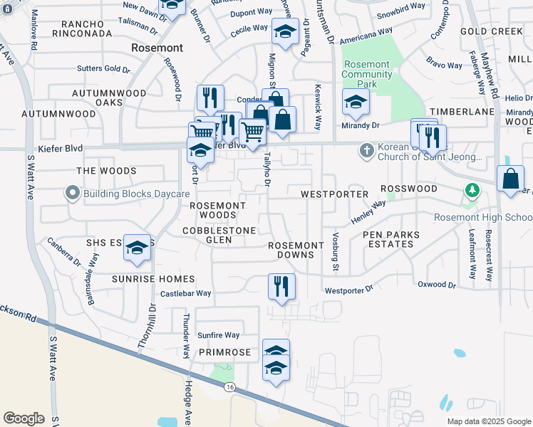 map of restaurants, bars, coffee shops, grocery stores, and more near 9199 Dongston Way in Sacramento