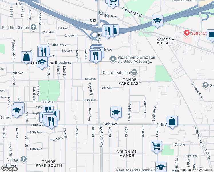map of restaurants, bars, coffee shops, grocery stores, and more near 6621 9th Avenue in Sacramento