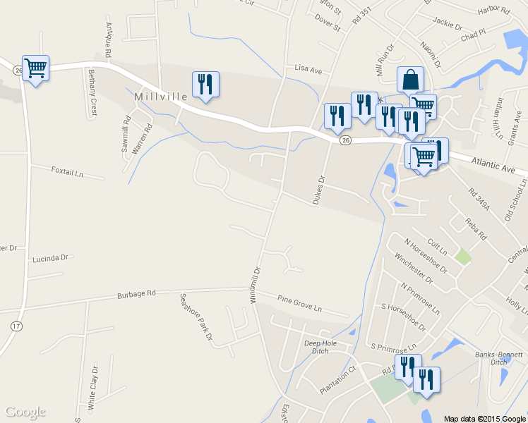 map of restaurants, bars, coffee shops, grocery stores, and more near 36313 Ridgeshore Lane in Millville