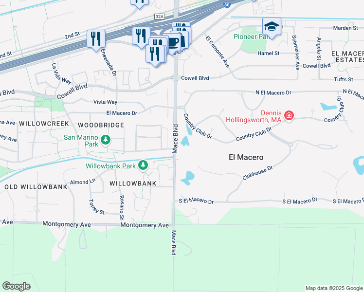 map of restaurants, bars, coffee shops, grocery stores, and more near 27189 Mace Boulevard in El Macero