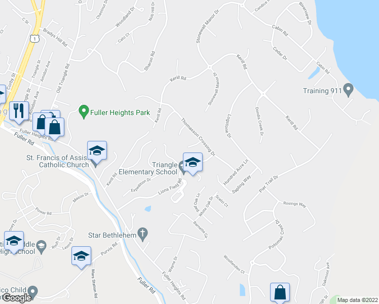 map of restaurants, bars, coffee shops, grocery stores, and more near 18847 Beaten Path Court in Triangle
