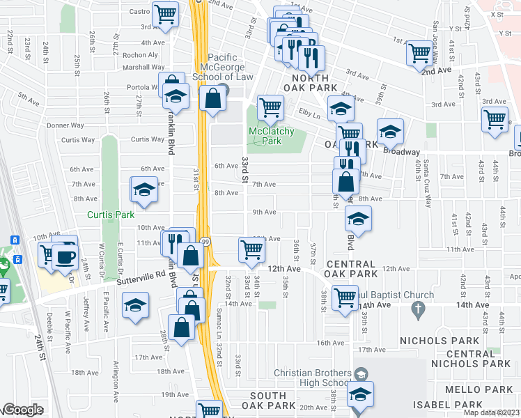 map of restaurants, bars, coffee shops, grocery stores, and more near 3343 9th Avenue in Sacramento