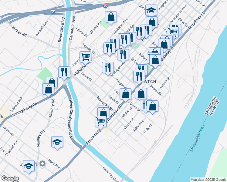 map of restaurants, bars, coffee shops, grocery stores, and more near 215 East Davis Street in St. Louis
