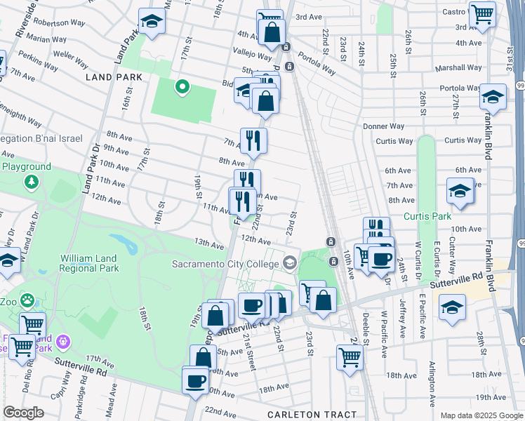 map of restaurants, bars, coffee shops, grocery stores, and more near 3491 22nd Street in Sacramento