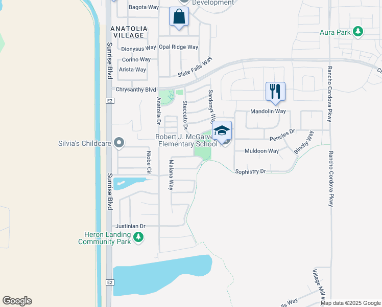 map of restaurants, bars, coffee shops, grocery stores, and more near 4354 Malana Way in Rancho Cordova