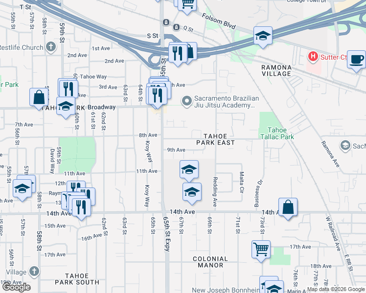 map of restaurants, bars, coffee shops, grocery stores, and more near 6621 9th Avenue in Sacramento
