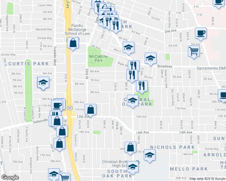 map of restaurants, bars, coffee shops, grocery stores, and more near 3701 9th Avenue in Sacramento