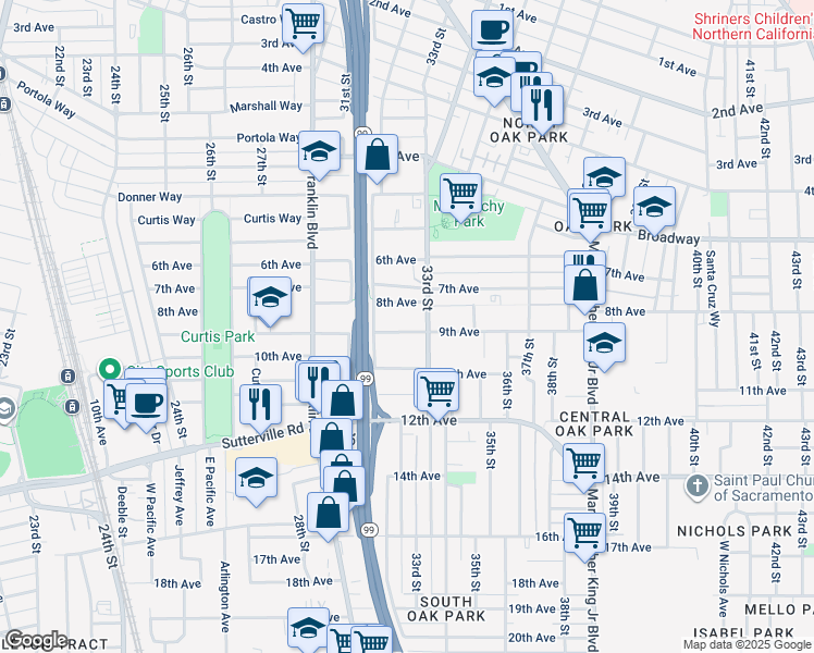 map of restaurants, bars, coffee shops, grocery stores, and more near 3356 33rd Street in Sacramento