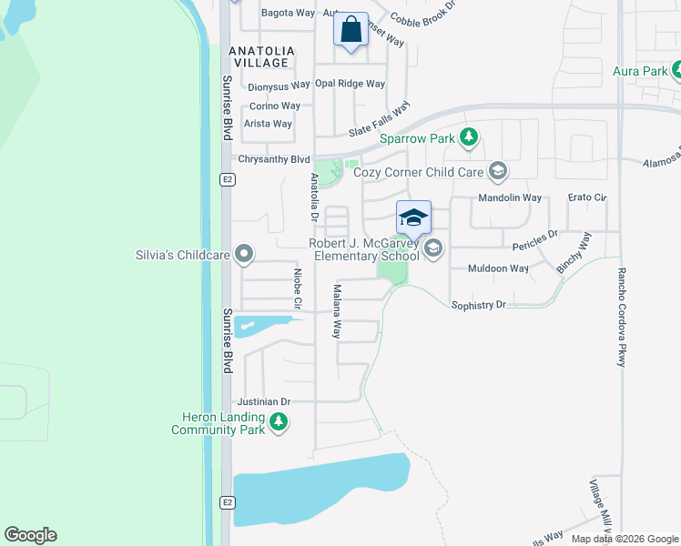 map of restaurants, bars, coffee shops, grocery stores, and more near 4378 Malana Way in Rancho Cordova