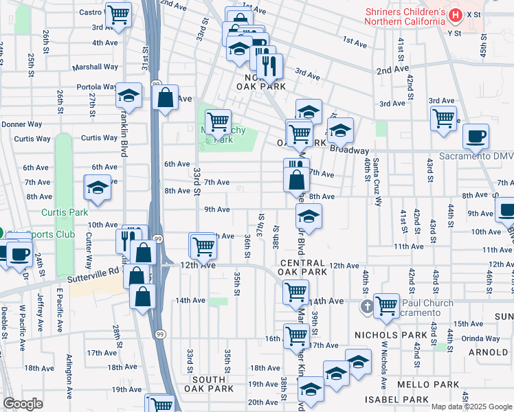 map of restaurants, bars, coffee shops, grocery stores, and more near 3701 9th Avenue in Sacramento